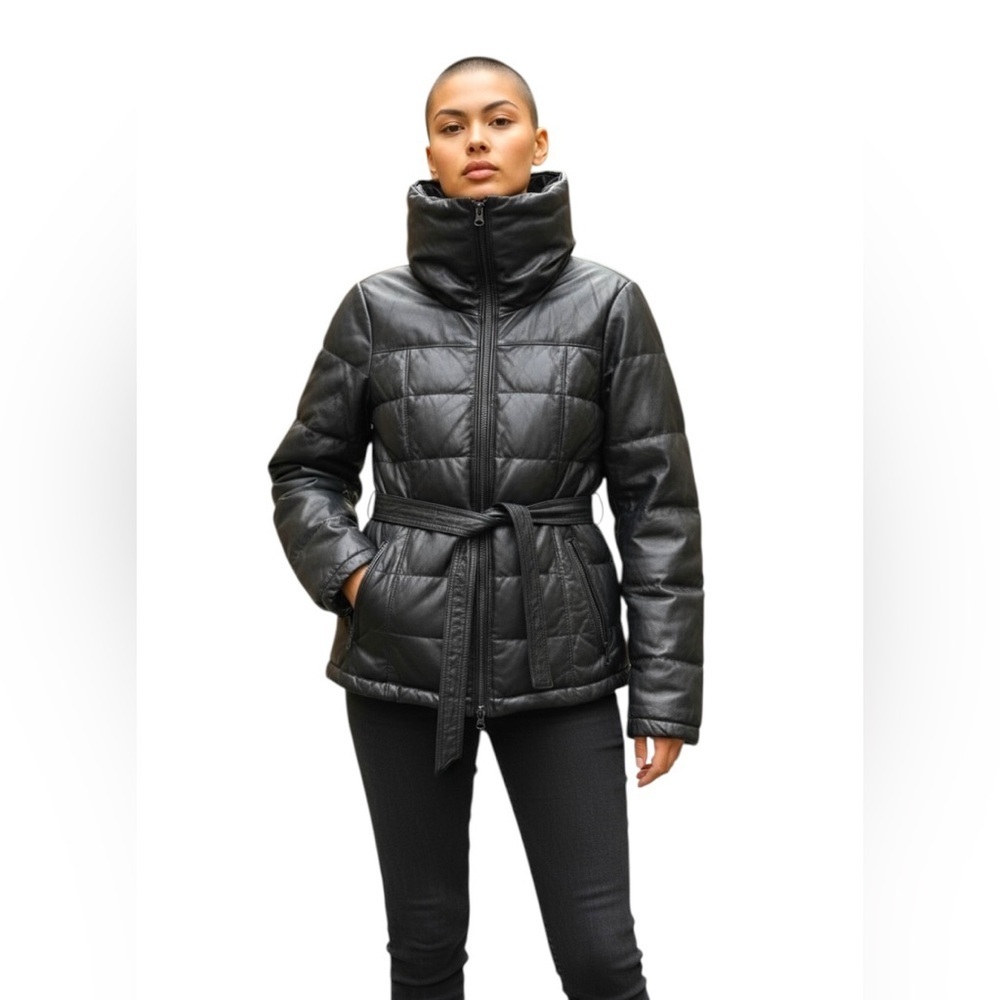 Danier Black Leather Puffer Jacket Sz XXS High Neck Bomber Quilted Winter Coat